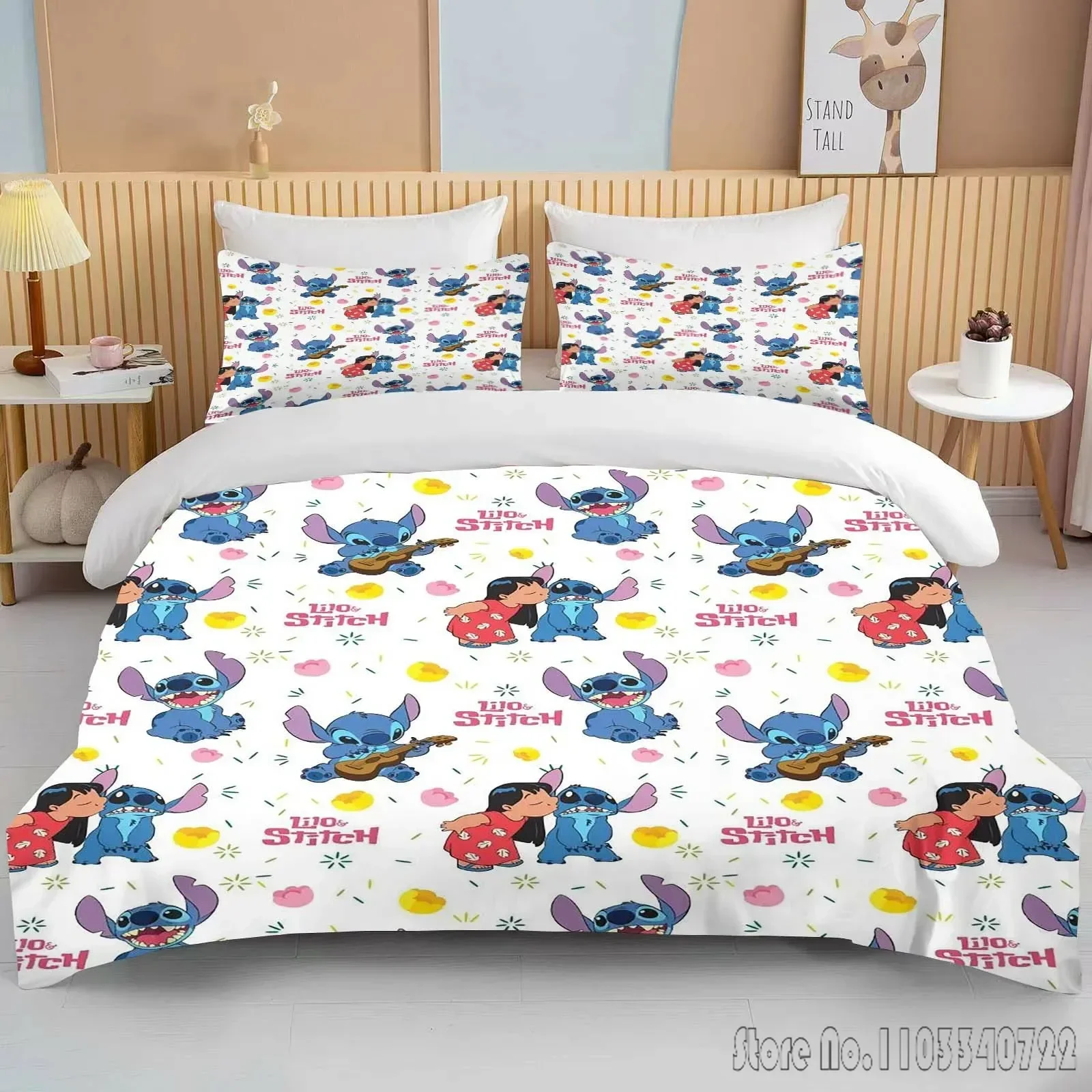 Disney Stitch and Angel Printed Bedding Set Duvet Cover Anime Quilt Adult Kids Birthday Gift Full Size Comforter Bedding Sets