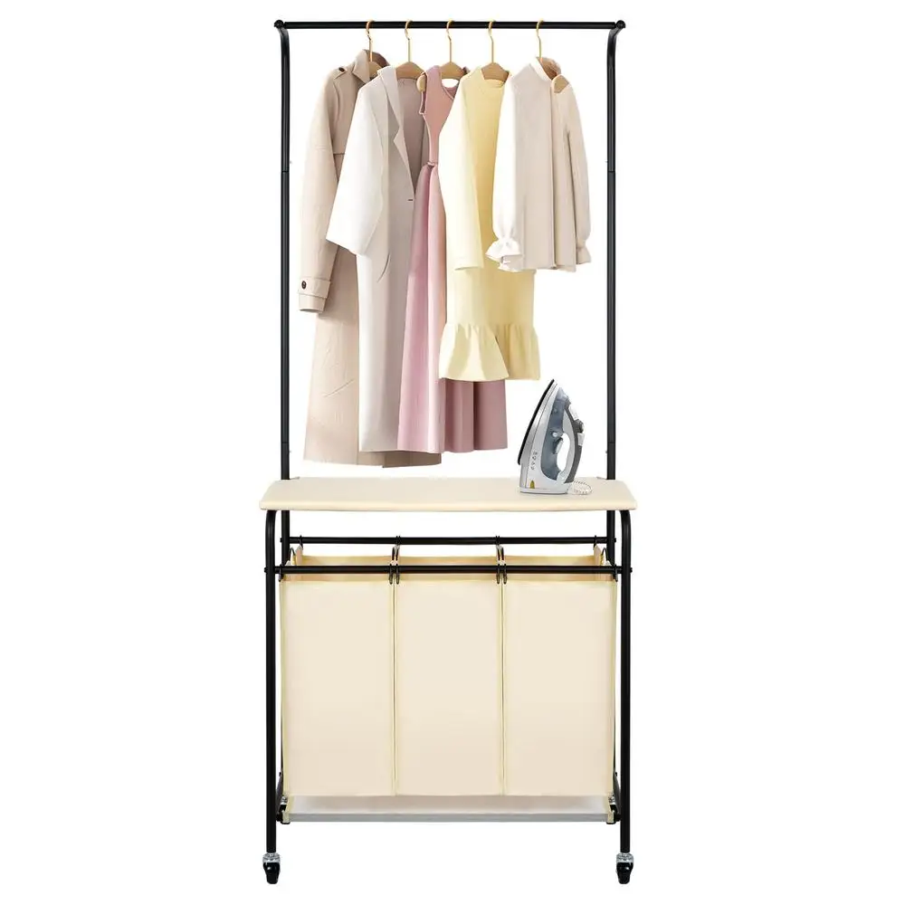 3 Section Laundry Sorter with Hanging Rod Foldable Ironing Board Laundry Hamper Organizer Heavy Duty Cart Sorting Clothes Metal