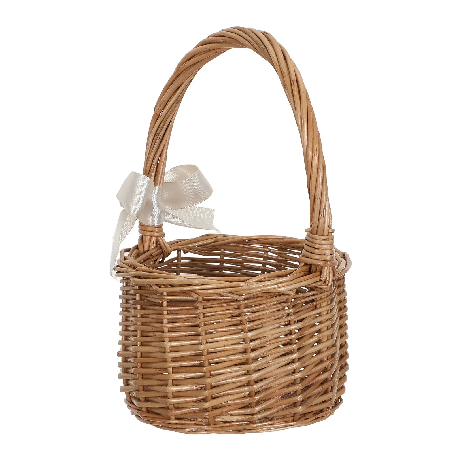 

Handwoven Round Willow Basket with Handle Vintage Picnic Storage Decorative Flower Basket for Weddings Home Garden Organization