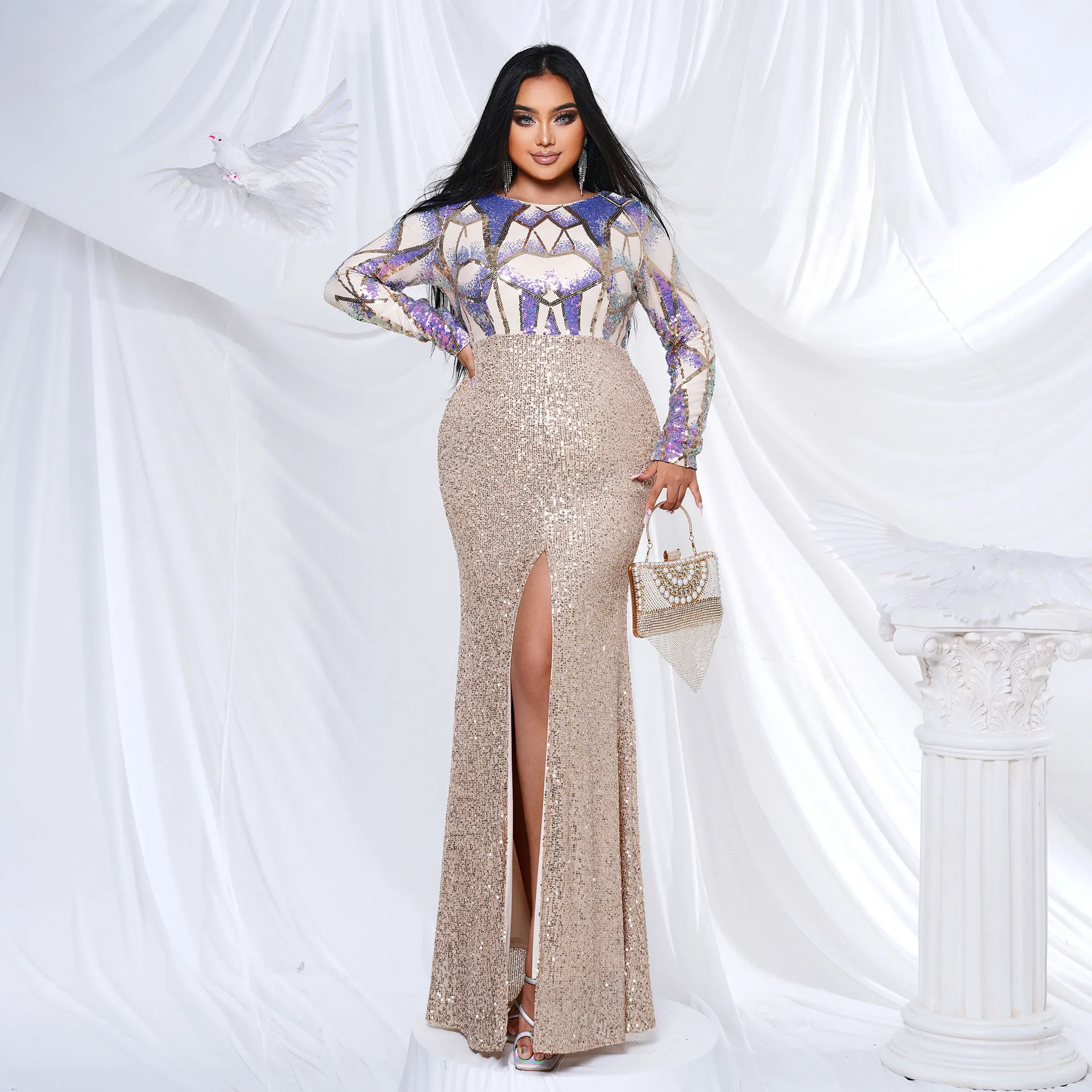 Robe longue sexy grande taille pour anniversaire, fête et mariage, en polyester, col rond