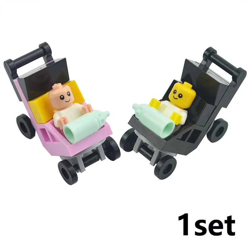 Building Blocks Figures Home Furniture Baby Carriage Bed MOC City Baby Stroller Bottle Horse Highchair Bricks Assemble Kid Toys