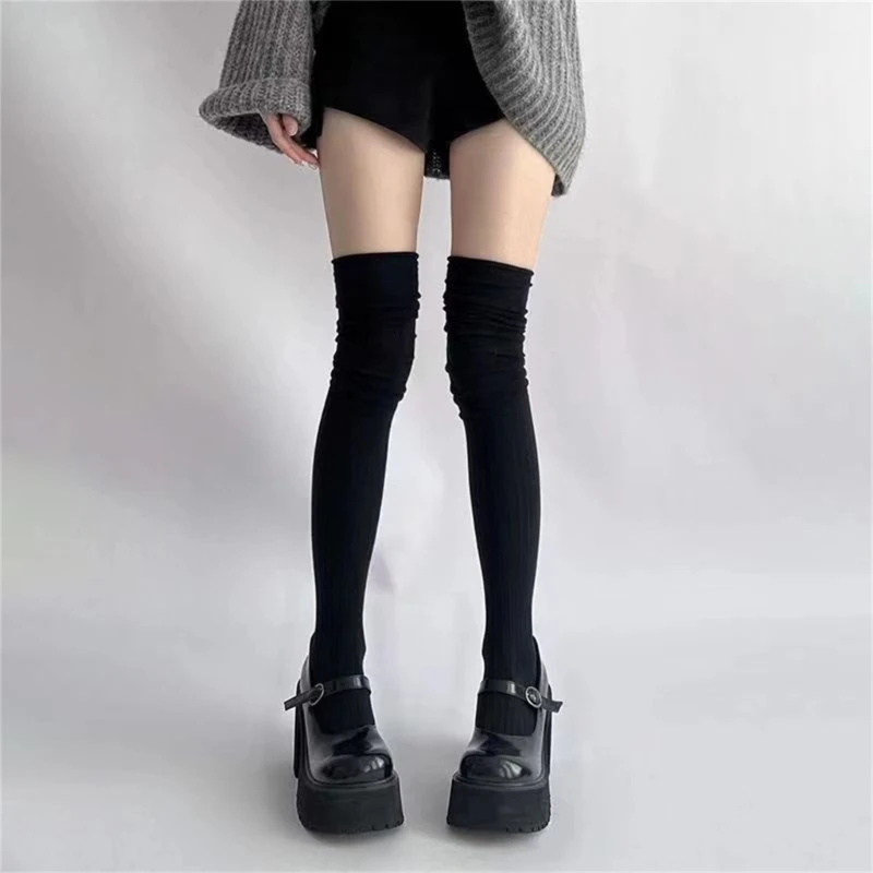 Preppy Over Knee Long Boot Socks Ruched Elastic Slouch Top Ribbed Knitted Thigh High Long Tube Stockings for Women