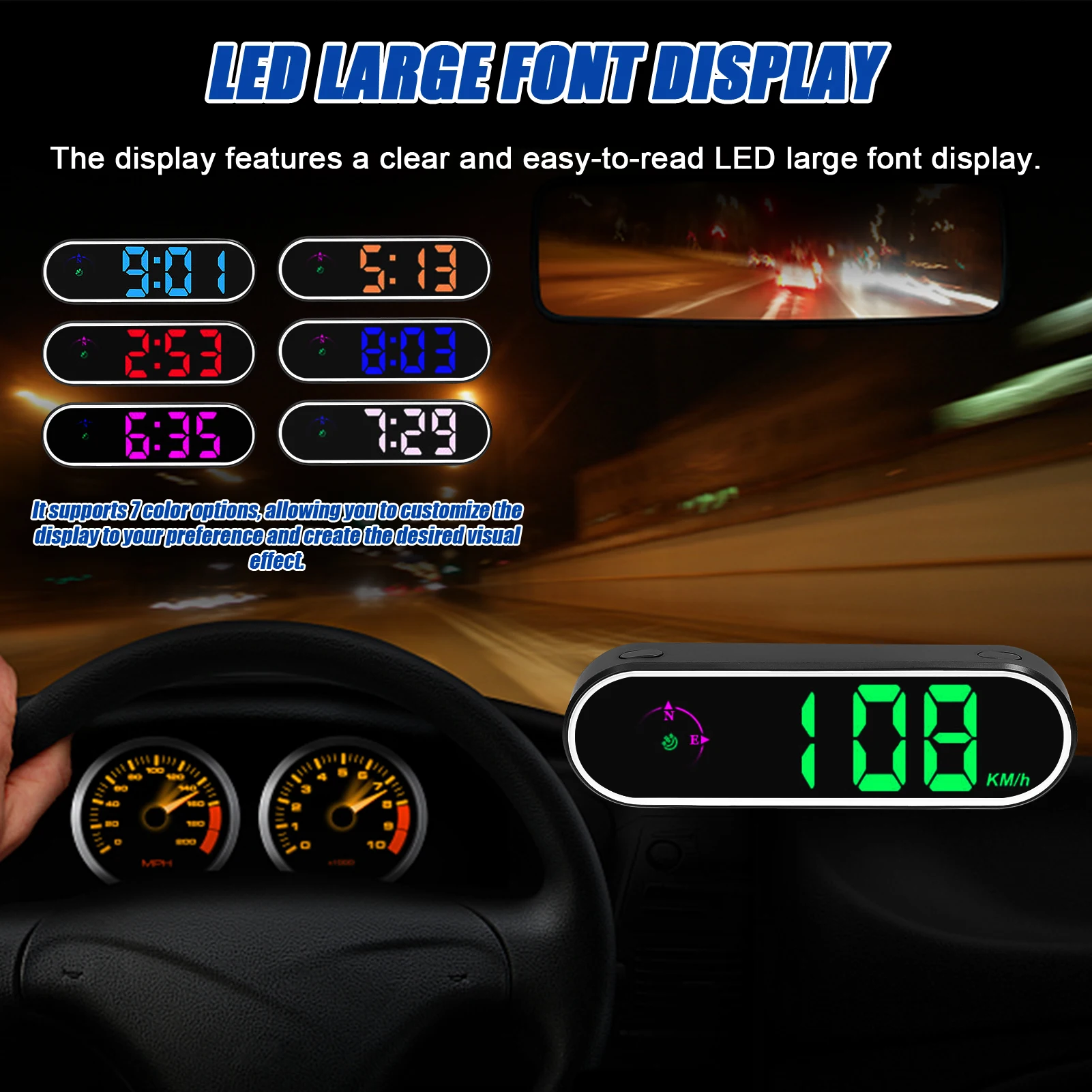 Car Headup Display GPS Digital Speedometer w/ Colorful LED Display Clock & Compass Function Overspeed Alarm for Car Truck