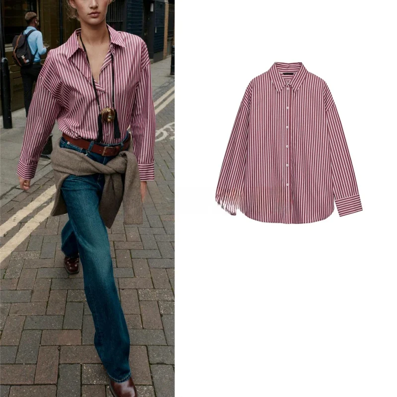 

Autumn Winter Women's Striped irts Single Row Multi-Buled Long Sve Turn-down Collar Split Polyester Fiber Breathable