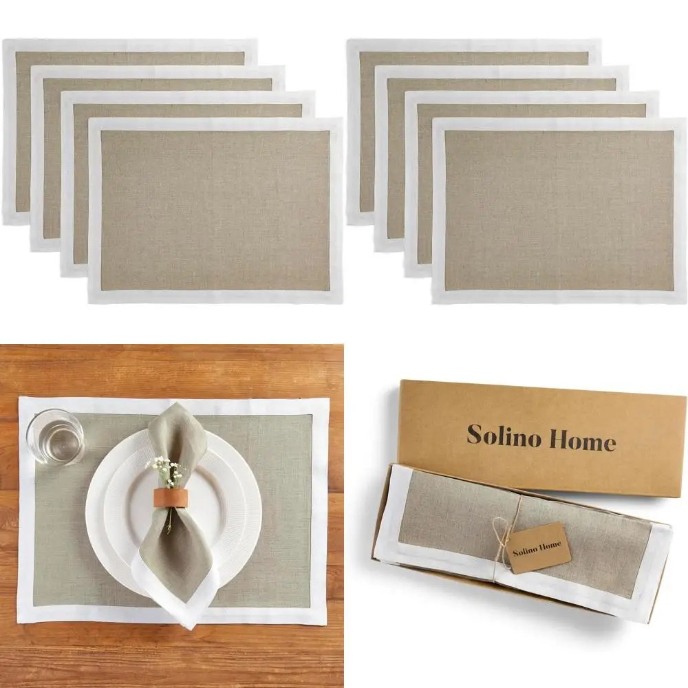 

Pure Linen Placemats Set of 4 - White & Natural, 14x19 Inches, Perfect for Winter Holidays, Handcrafted, Machine Washable