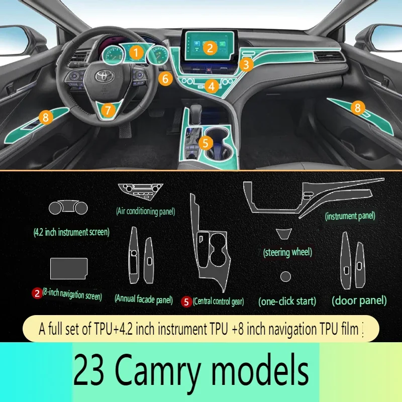 For Toyota Camry 2023 8 inch Screen TPU Transparent Protect Film Car Interior Sticker Gear Navigator Door Panel Car Accessories