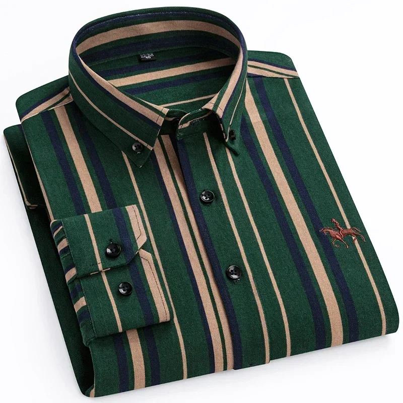 

Four Seasons Striped Embroidery Casual Oxford Long Sleeve Shirts Standard Fit Button Down Workwear Shirts 100% Cotton