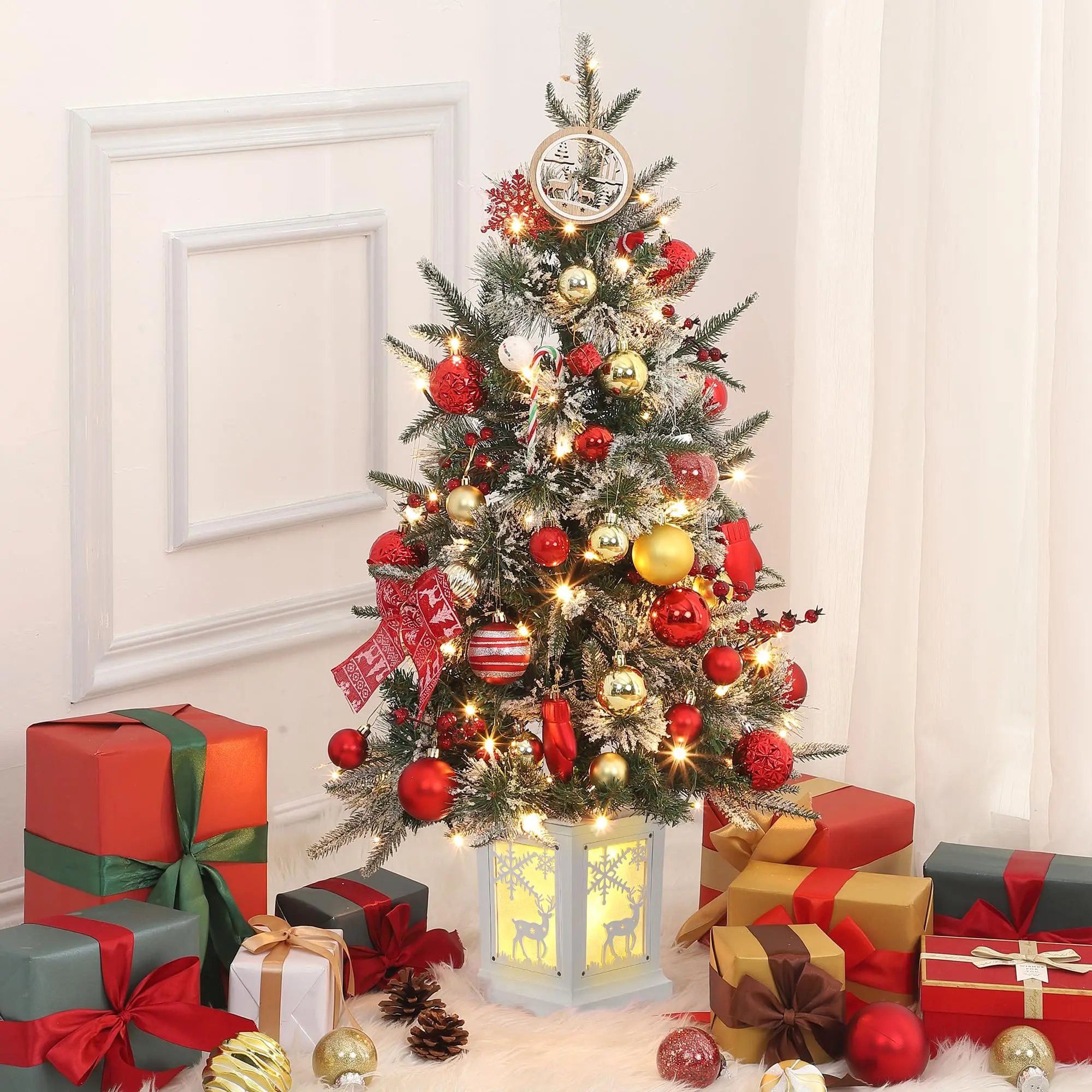 Set of 2 Pre-Lit 3ft Tabletop Artificial Mini Christmas Trees - Snow-Flocked Sections with Berries & Snowflakes - 78 Warm White LED Lights, Battery Operated Timer - Decorative Elk Base - Green/White