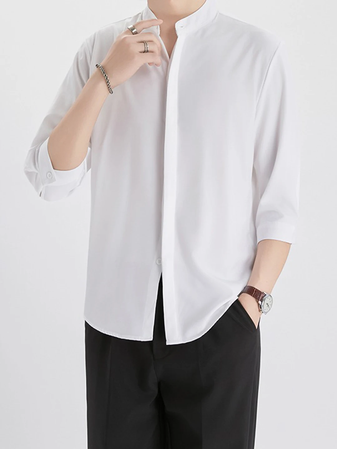 

New Chinese Style Men's Shirt Ice Silk Short Sleeve Stand Collar Seven Sleeve Summer Loose Fit Regular Length Button up Top