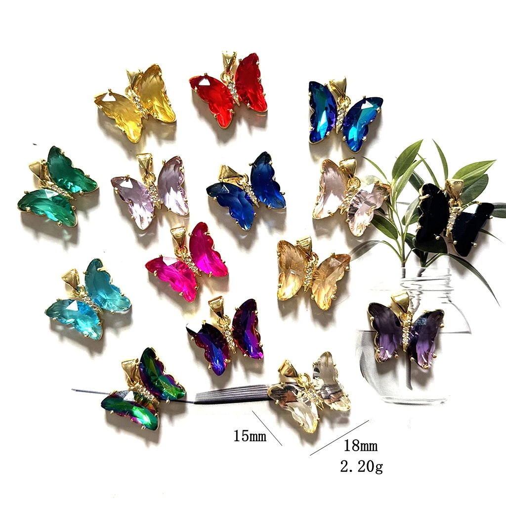 5Pcs/Fashion Shiny Crystal Butterfly Pendant Gradient Muticolor Transparent Glass Charms Pendants For Jewelry Making Necklace