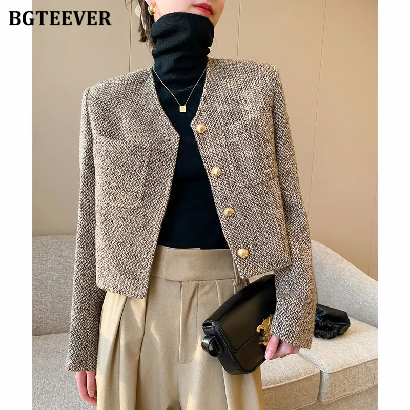 

BGTEEVER Chic Elegant O-neck Pockets Long Sleeve Female Basic Jackets Autumn Winter Stylish Loose Women Single-breasted Coats