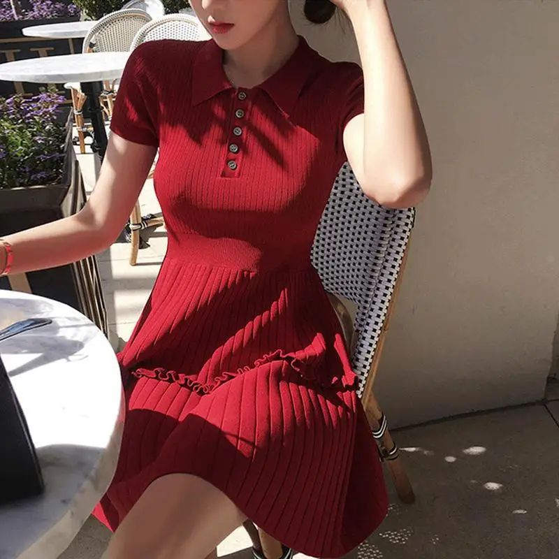 

2024 New Summer French High Waist Ice Silk Women's Dress, Knitted Dress with Polo Neck