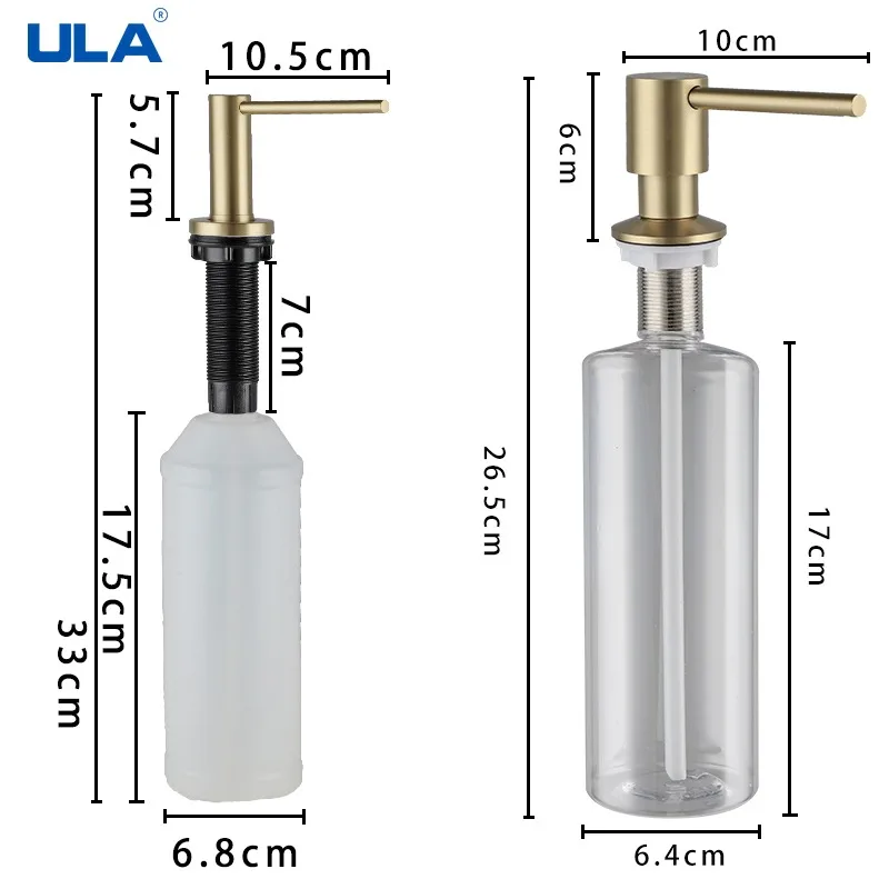 ULA Gold Kitchen Sink Liquid Soap Dispenser Liquid Soap Bottle Sink Mount Stainless Steel Head Hand Press Dispenser Bottle