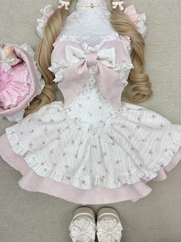 Vestido Kawaii con estampado de lazo para mujer, novedad de verano, vestidos elegantes rosas con hombros descubiertos, vestidos cortos ajustados de encaje encantadores a la moda