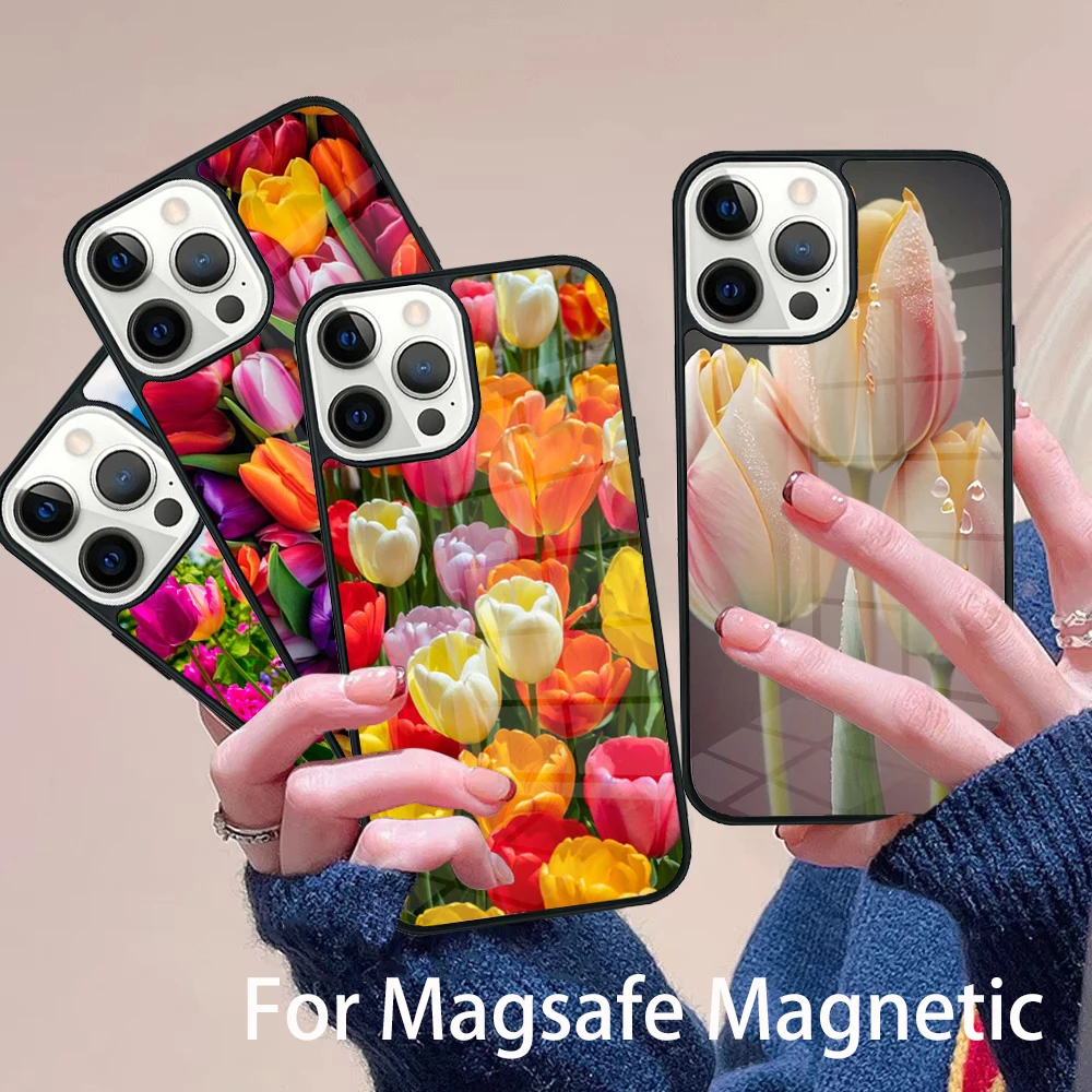 

Cute Tulip Flower Phone Case Magesafe Magnetic Wireless Charge Cover For IPhone 16 11 12 13 14 15 Pro Max Plus Mini