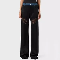 Women's pants 2024 Autumn New Fashion Denim splicing Straight pants Transparent lace patchwork women's casual pants y2k Trousers