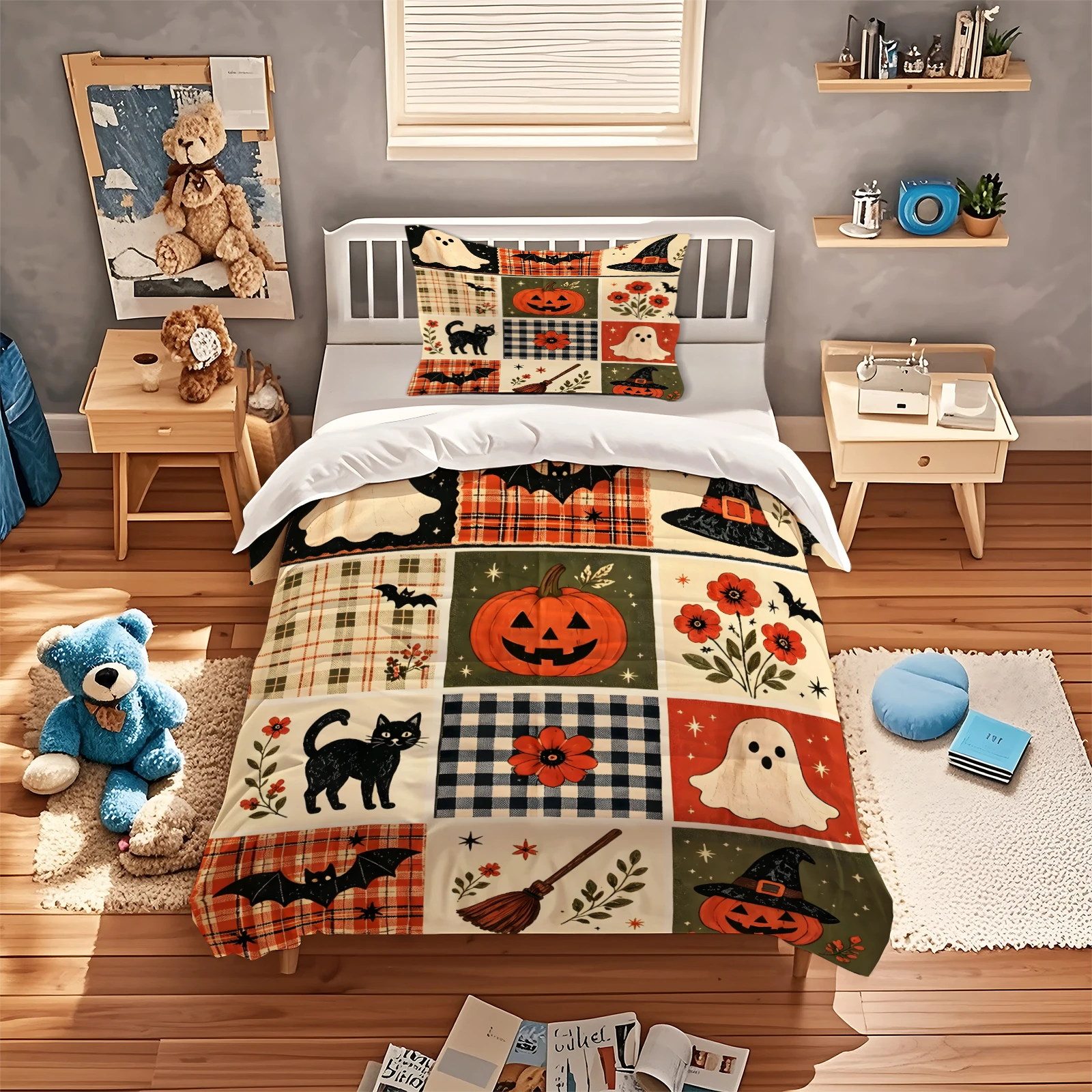 Retro Grid Halloween Patchwork Duvet Cover Set Vintage Plaid Pumpkin Ghost Black Cat Bat Witch Hat Print Bedding Set Holiday Bed