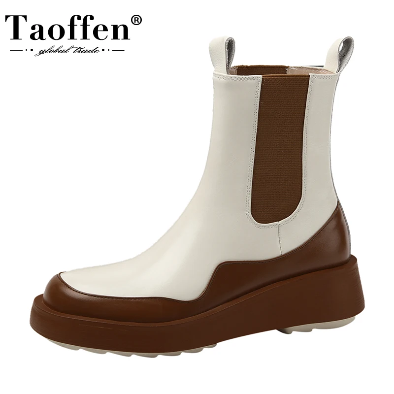 

Taoffen Women Chelsea Boots Genuine Cow Leatehr Thick Sole Non-Slip Ladies Flat Shoes Warm Fashion Slip On Winter Platform Boots