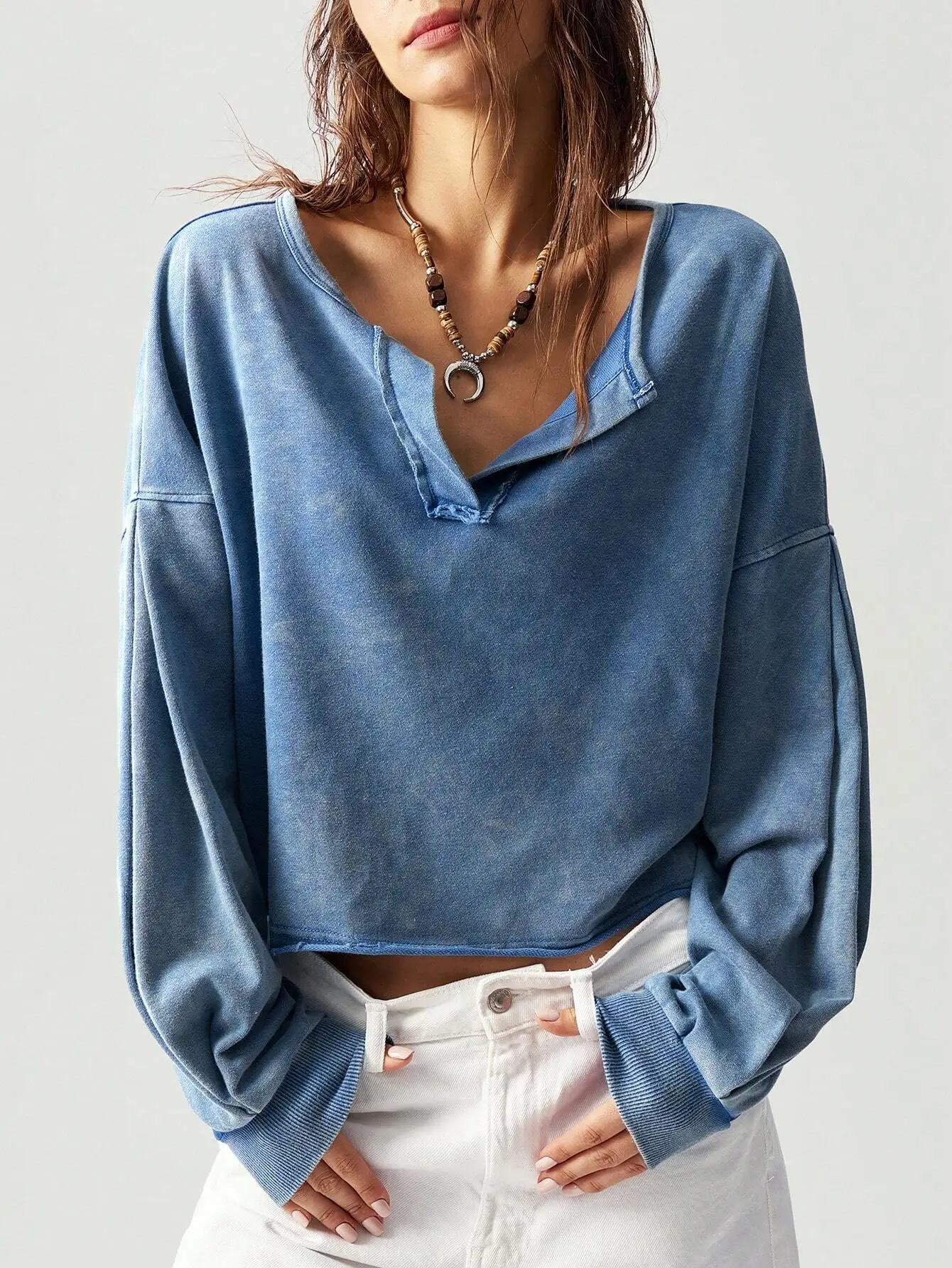 

Женский однотонный свободный пуловер с V-образным вырезом и длинными рукавами, повседневный свитшот в богемном стиле