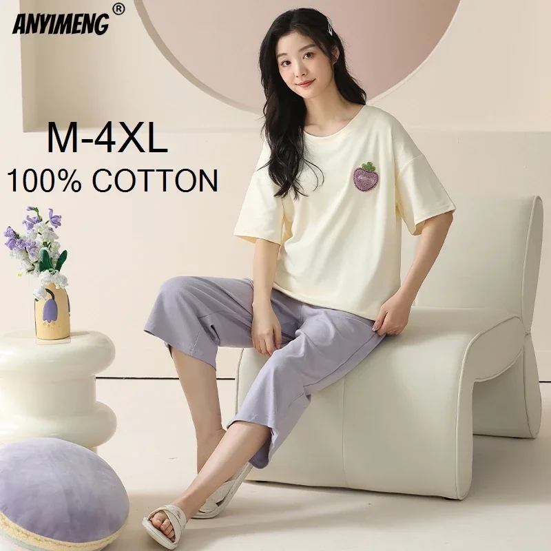 100% Cotton M-4XL Women Pajamas Set Summer Sleepwear Short Sleeve Knee-length Pants Nightwear Capris Loungewear Cartoon Pijama