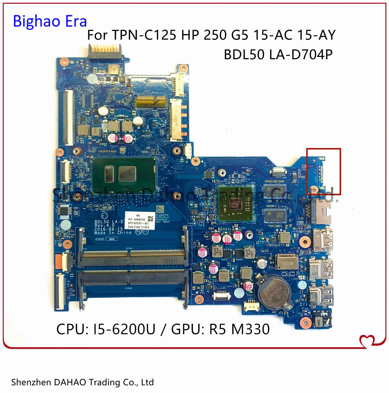 

For TPN-C125 HP Pavilion 250 G5 15-AC 15-AY Laptop Motherboard LA-D704P With i5-6200U CPU R5 M330 2G-GPU 858580-601 854936-601