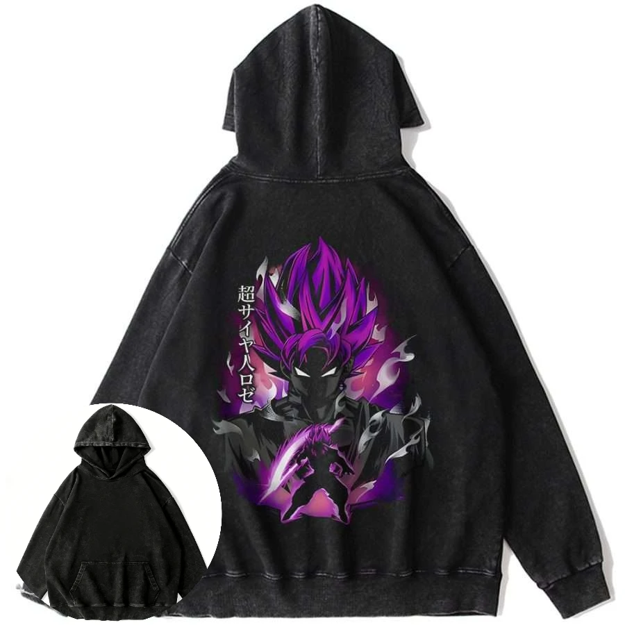 

Mens Vintage Dragon Ball Cotton Hoodie Anime Character with Purple Hair and Aura Back Print Retro Casual Long Sleeve Sweatshirt