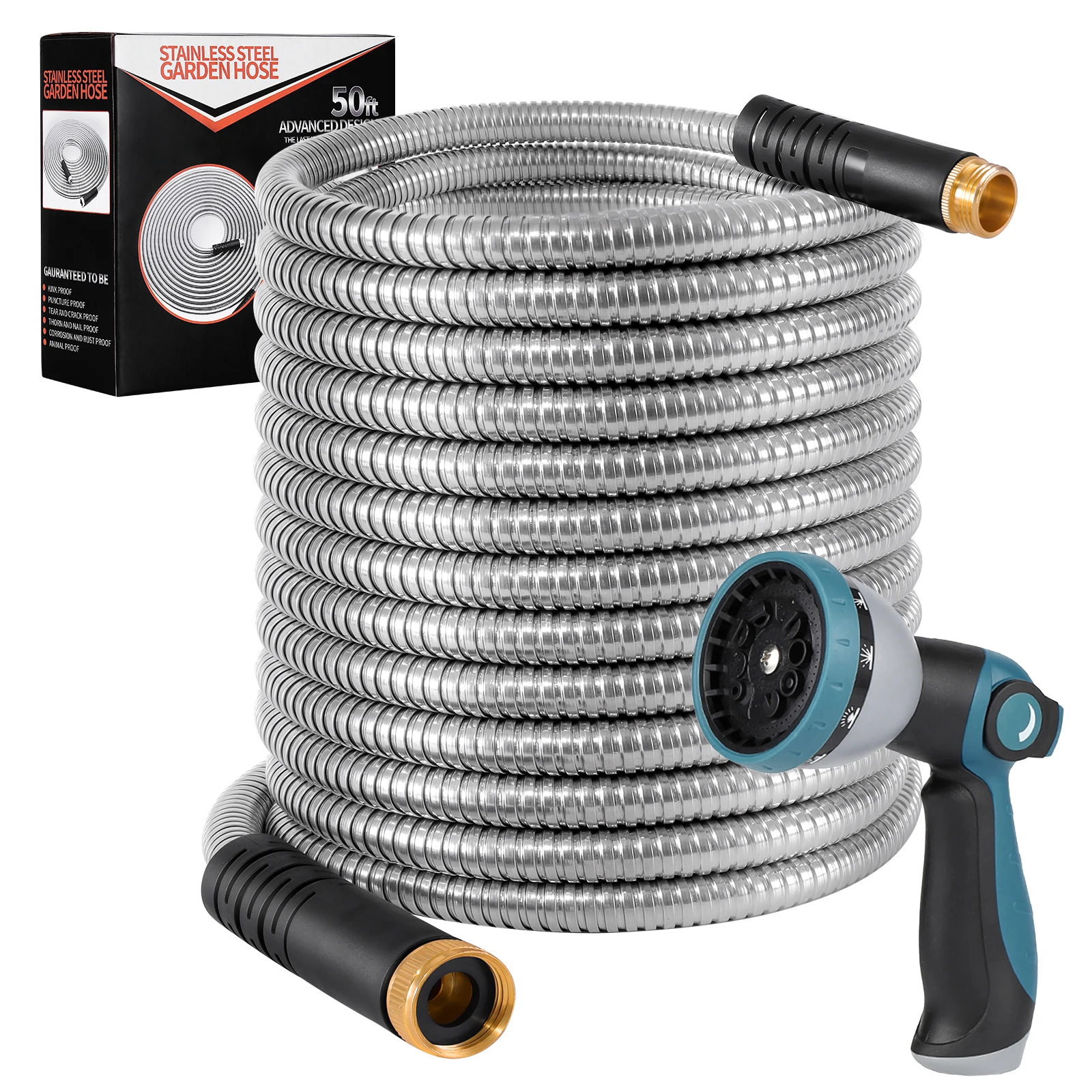 Stainless Steel Garden Hose with 10 Function Spray Nozzle, Flexible Metal Water Hose 5/8'' Solid Brass Fittings