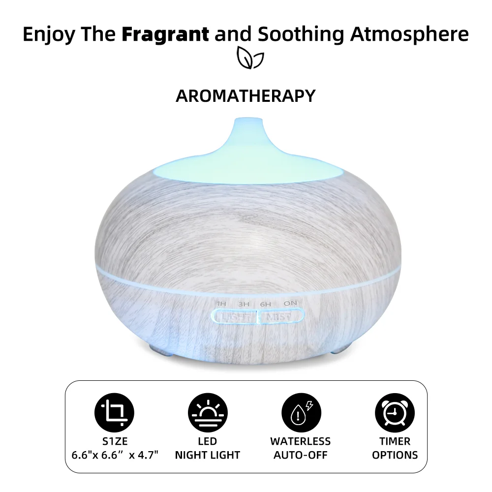 Aromatherapy Diffuser with 6 Essential Oils 550ml White Wood Grain Design Humidifier Remote Control & 7 Color LED for Relaxation
