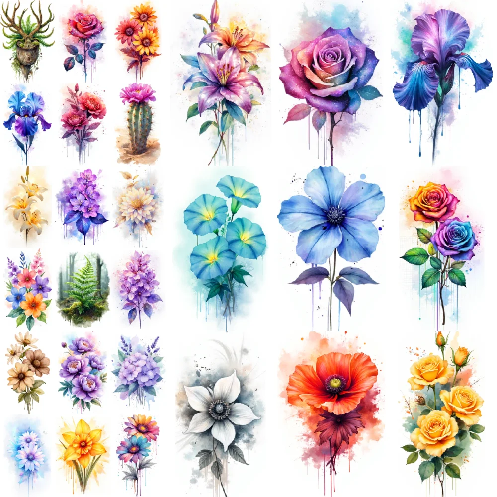 

9pcs Temporary Tattoo Watercolor Floral Tattoo Watercolor Flower Artistic Iris For Children Shoulders Cheeks