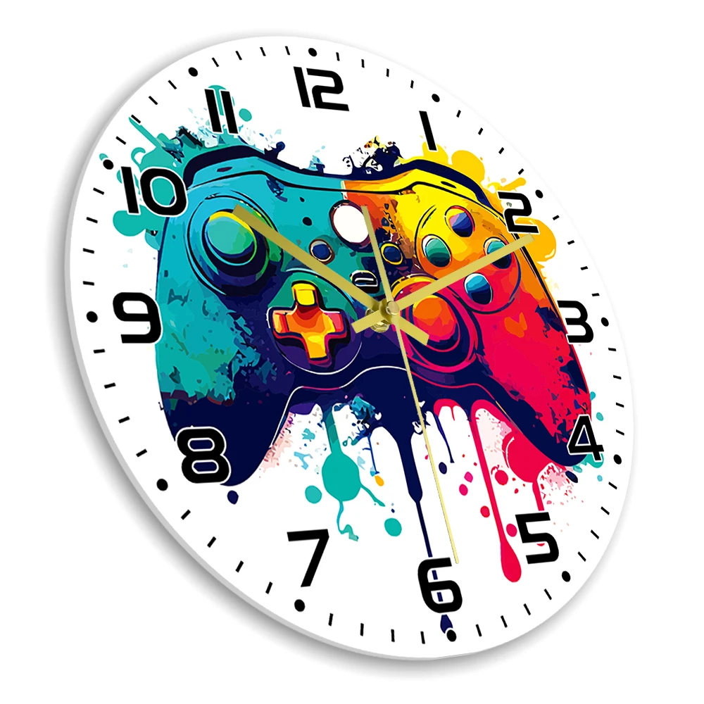 Watercolor Video Game Wall Clock Gamepad Colorful Gaming Controller Silent Non Ticking Wall Watch for Play Game Room Art Decor