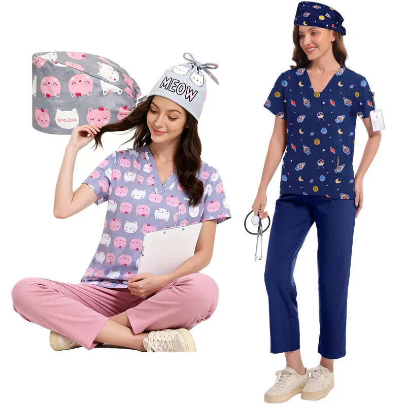 

Unisex Scrubs Uniform Woman Christmas Elemental Print Healthcare Mens Scrub Fashion with Pockets Short Sleeve Nurse Uniform Tops