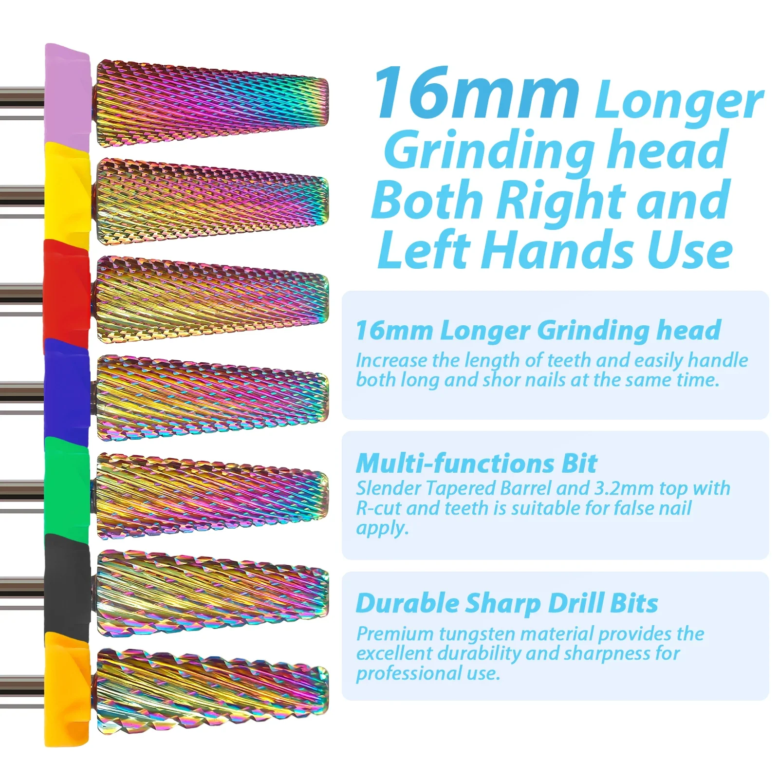 Brocas de unha de carboneto 5 em 1, corte cruzado longo, duas maneiras, rotação esquerda e direita, ferramentas de polimento de manicure, 3/32"