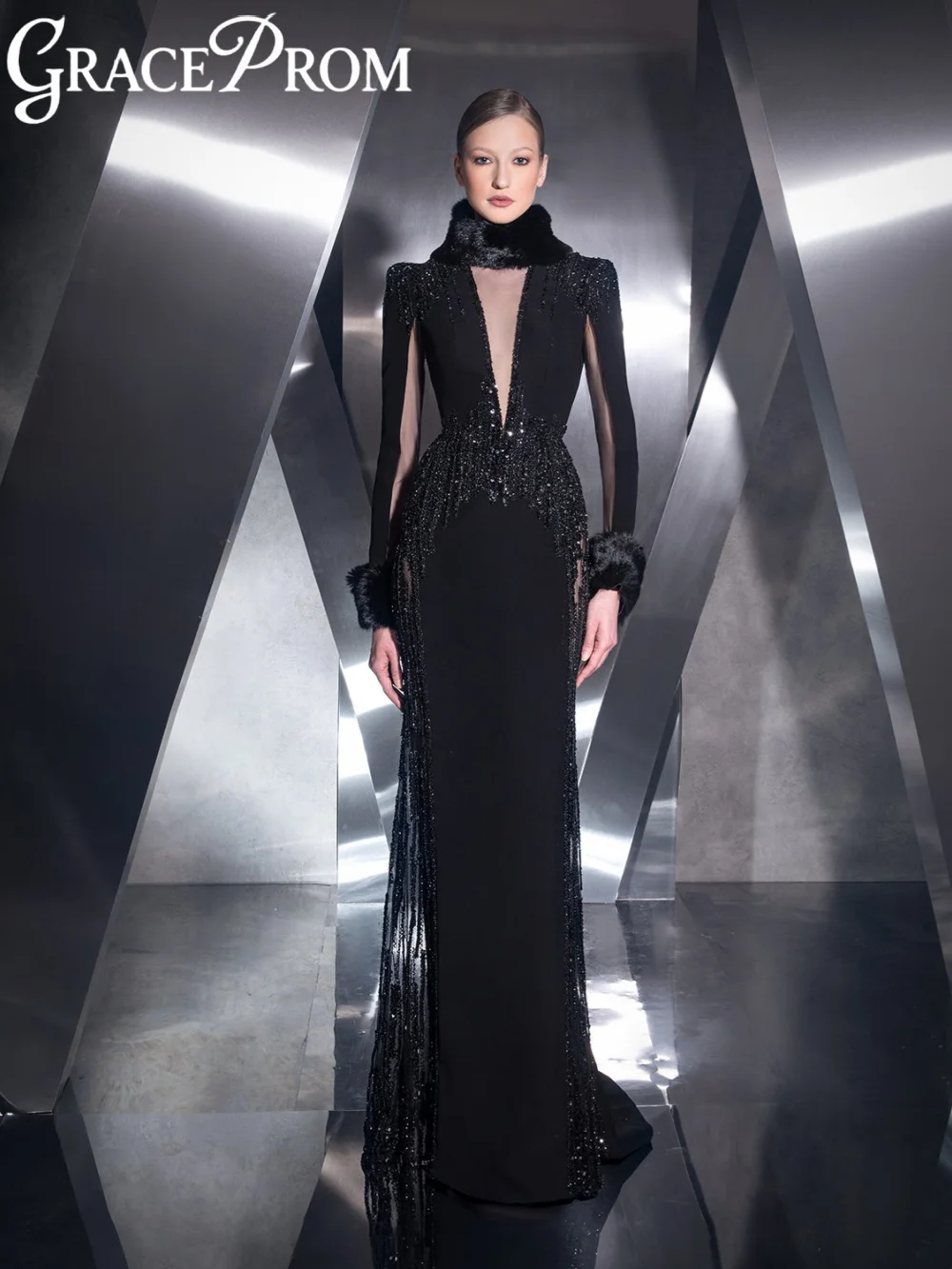 

Black Beaded Floor-length Evening Dress With Fur Stylish High Collar Long Sleeve Formal Party Gown 2026 Customized Banquet Gowns