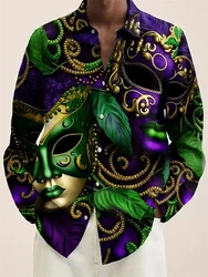 Mardi Gras 3D Print Hawaiian Shirts Mens Women Fashion Personality Carnival Pattern Casual Long Sleeve Button Shirt Loose Blouse