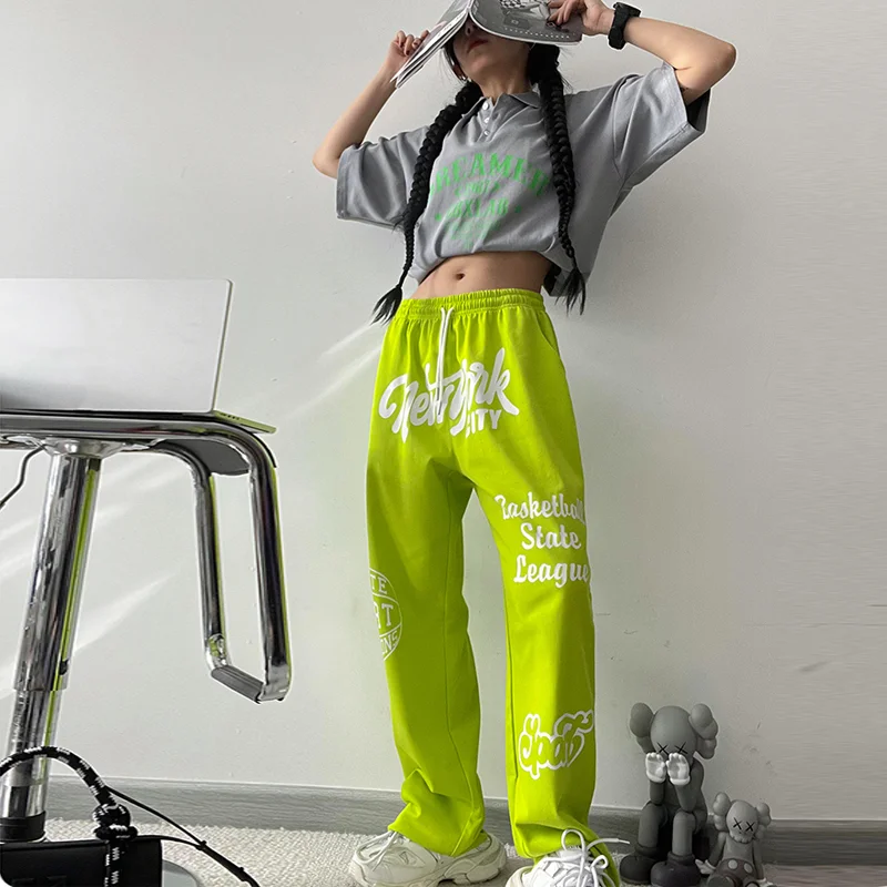 Green New Fashion Letter Print Sports Pants for Women Y2K Streetwear Long Trousers American Summer Popular Women\'s Pants