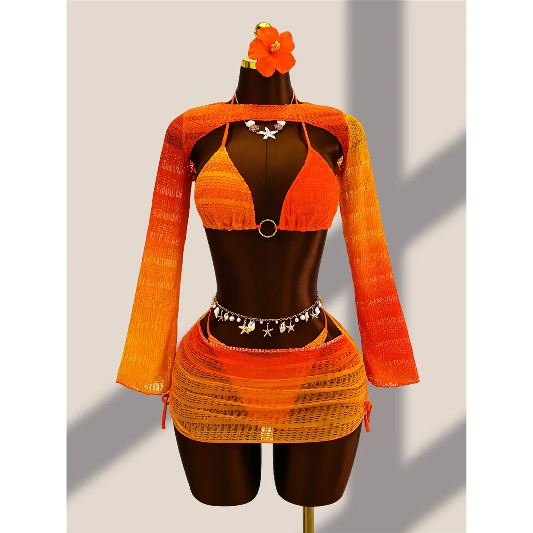 4-teiliges Bikini-Set mit Überwurfrock, Farbverlauf, Damen-Badebekleidung, Badeanzug, Badebekleidung, Badeanzug, Schwimmbekleidung V8303 – Detail 2