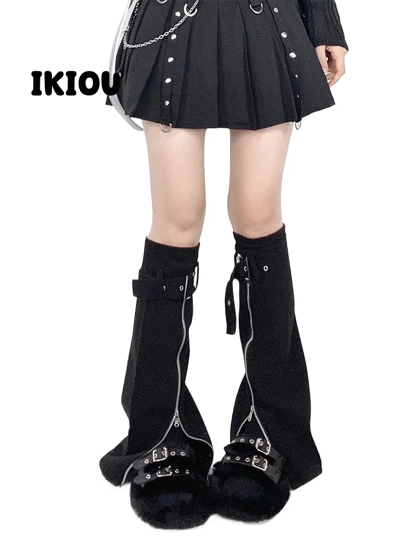 IKIOU Y2K Black Punk Flared Denim Leg Warmers with Adjustable Zipper - Slim Fit and Functional Style gothic