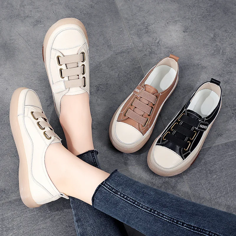 Handmade Genuine Leather Women Soft Soled Walking Sneakers Hook & Loop Skate Shoes Ladies Girl Student Vulcanized Flats Loafers