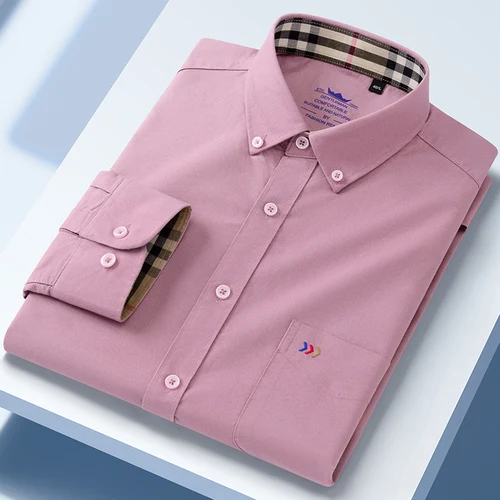 Imagen 2 del producto Camisa oxford de manga larga para hombre, Camisa lisa formal de alta calidad, ropa de oficina suave a cuadros, 100% algodón, nueva