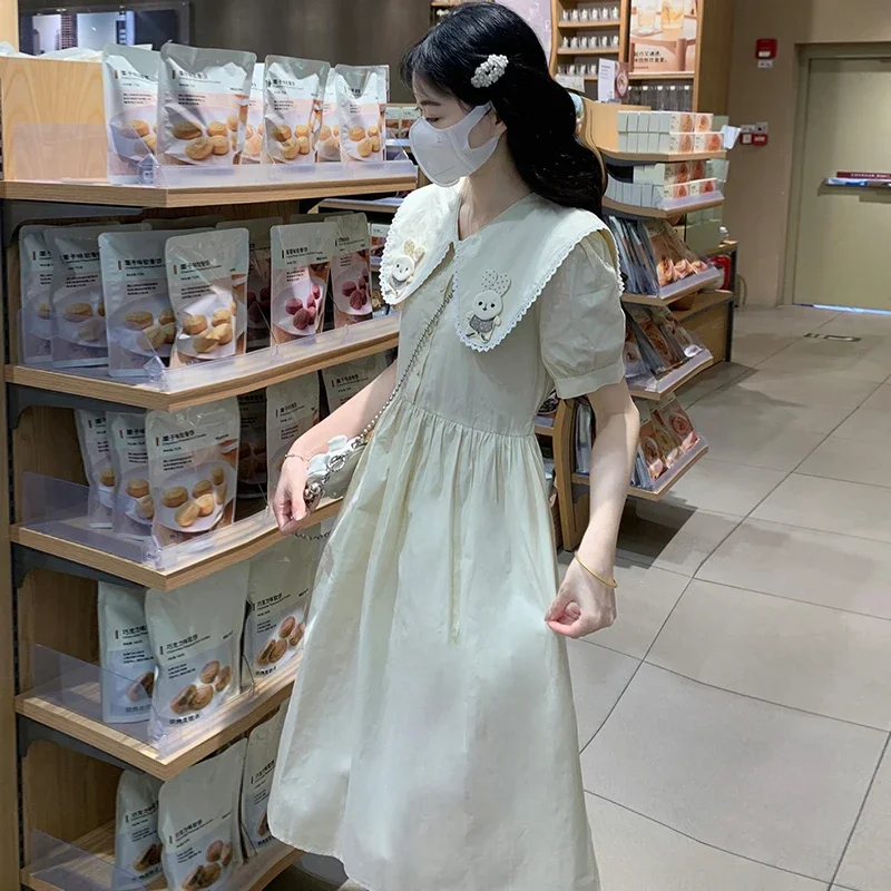 

Academy Style Sweet Girls Waist Slimming Lace Doll Neck Bubble Sleeve Dress Summer 2025 A-line Midi Dresses for Women ff2