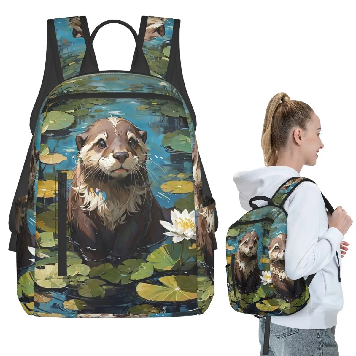 

Otter In Water Pond Oil Painting Backpack Student BookBag Children School Bag Computer Shoulder Bags Men Women