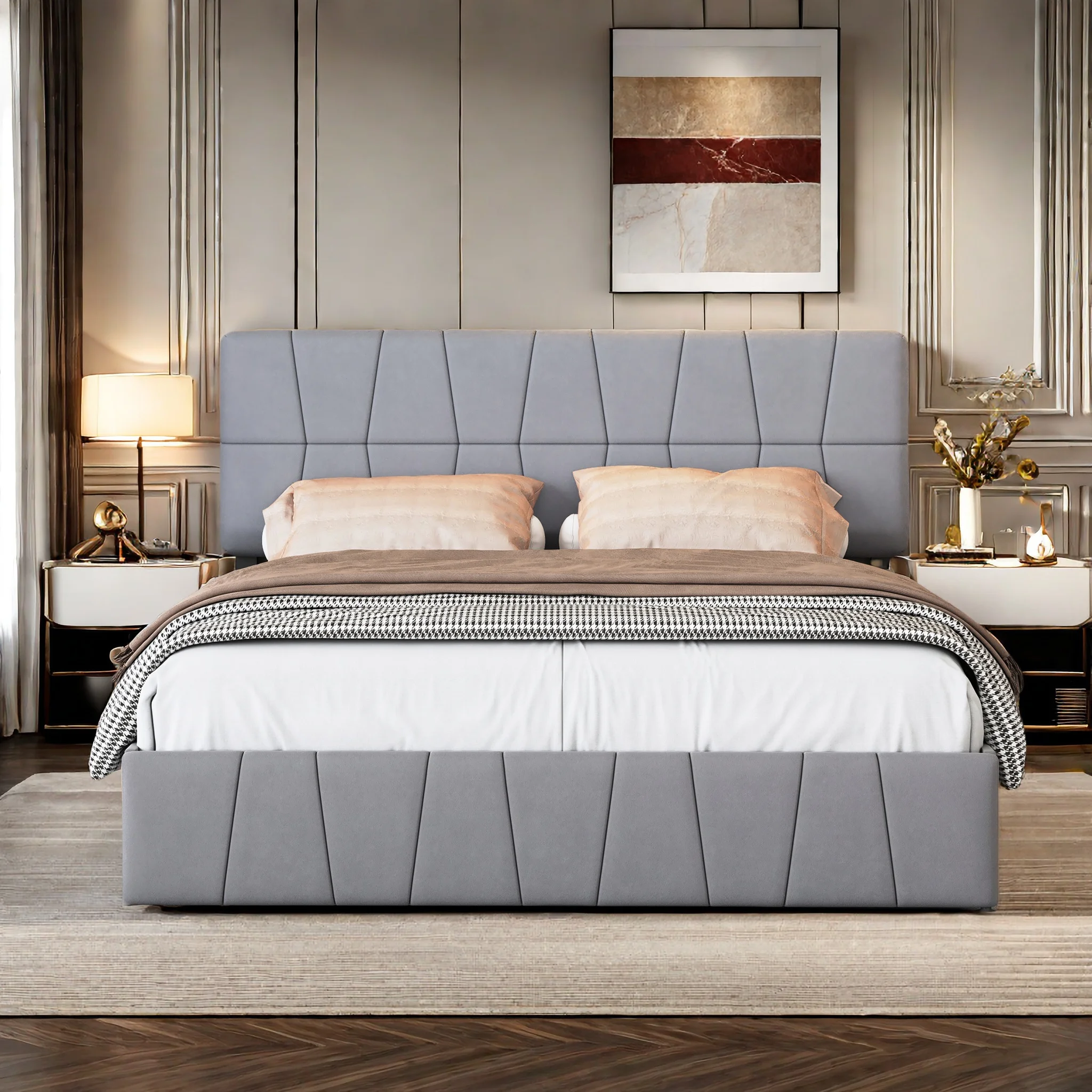 Polsterbett 140 x 200 cm, Bett mit 4 Schubladen auf der Seite des Bettes, verstellbares hohes