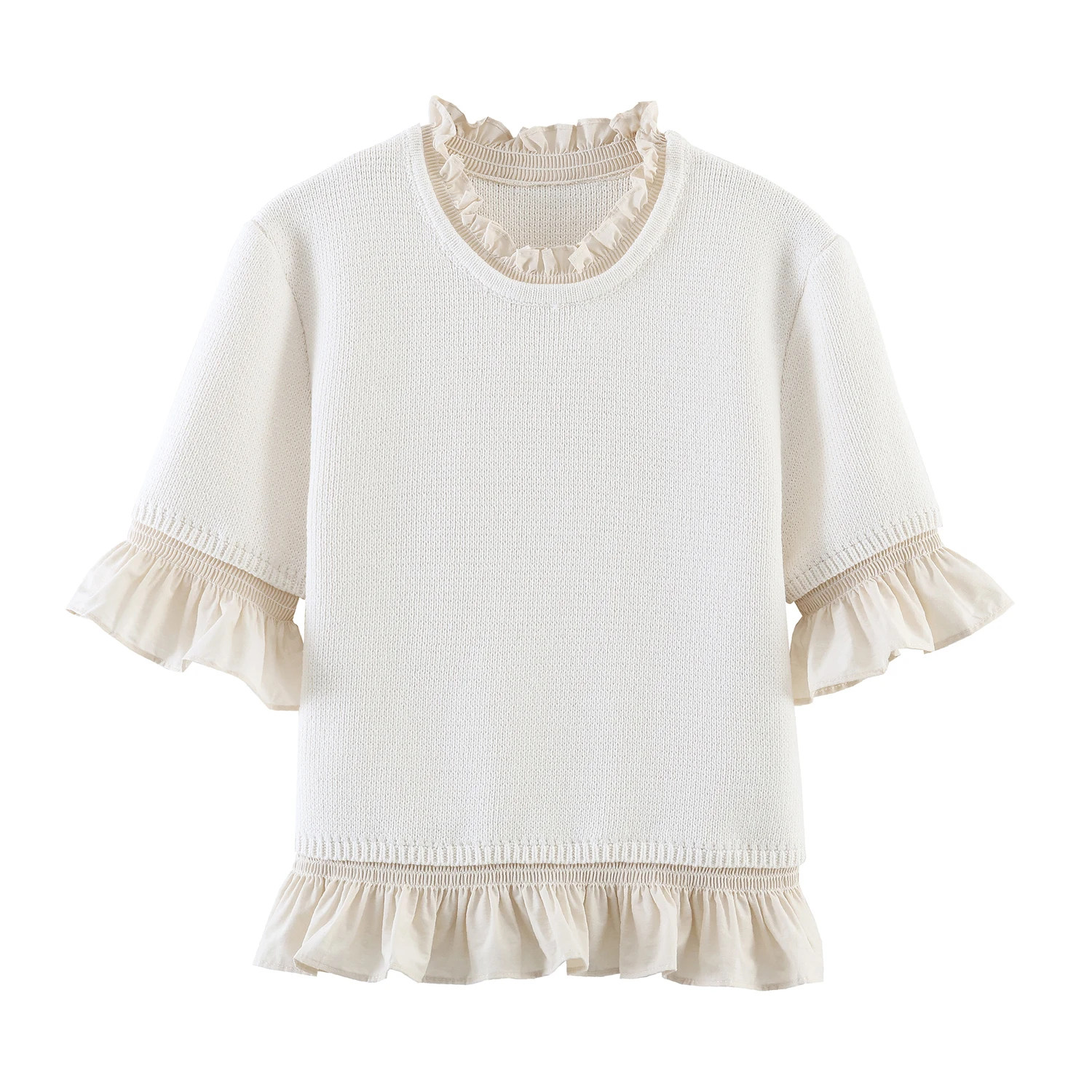2026 Frühling/Sommer Neues Süßes Rundhals-Kurzarm-T-Shirt mit Rüschen-Patchwork Lässiger Strickpullover für Damen