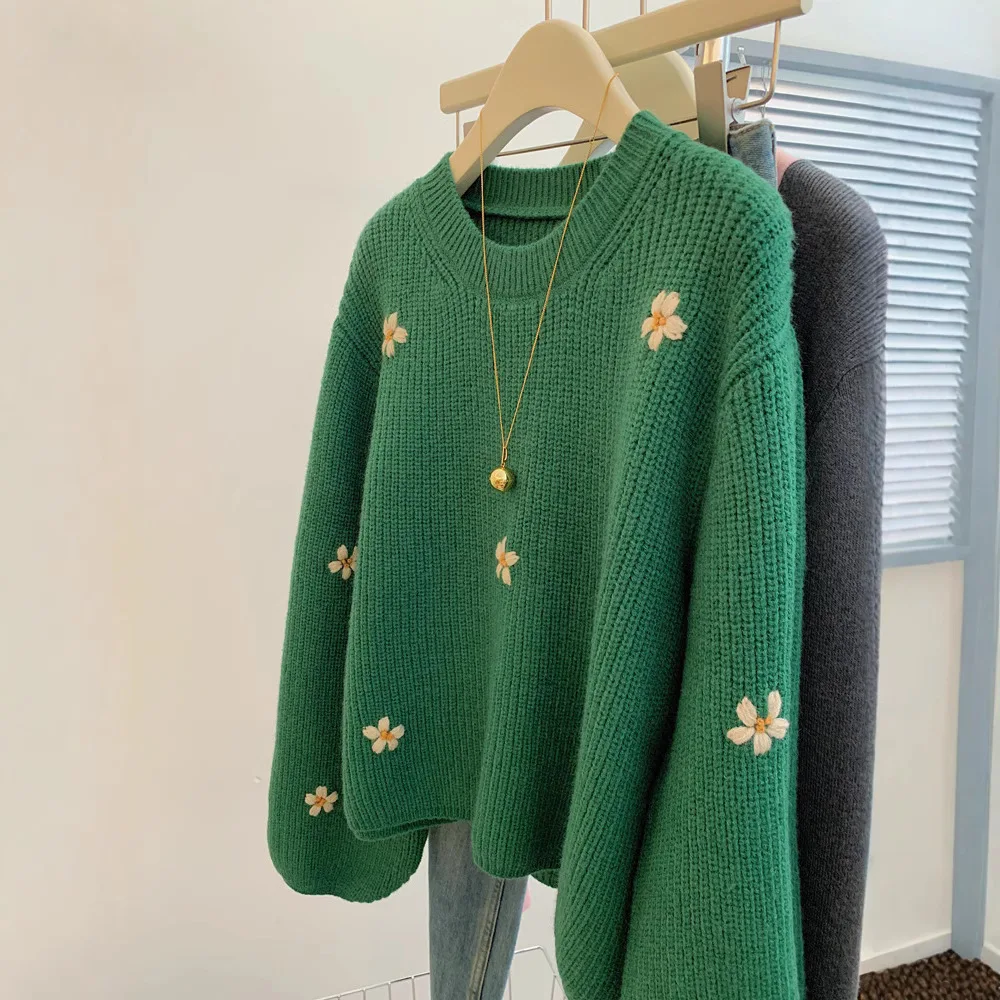 

Mingmingxi Ретро пуловер с цветочной вышивкой, женский свободный и ленивый стиль, вязаный свитер с круглым вырезом, джемперы