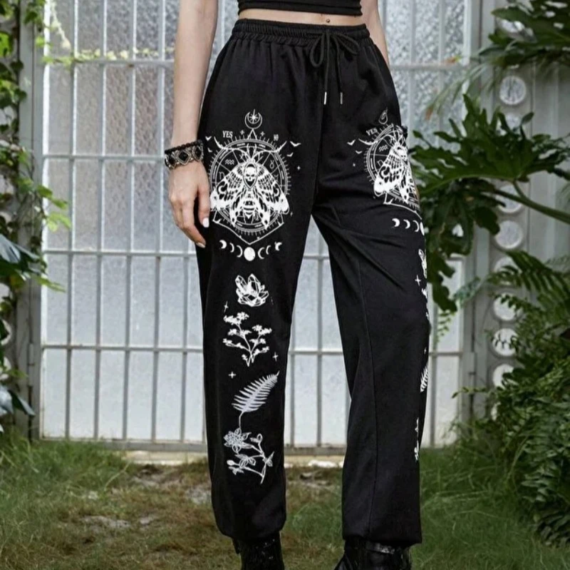Goth crâne graphique cordon taille ceinture élastique toutes saisons pantalons de sport élastique, jambe droite Style Machine Hip-Hop