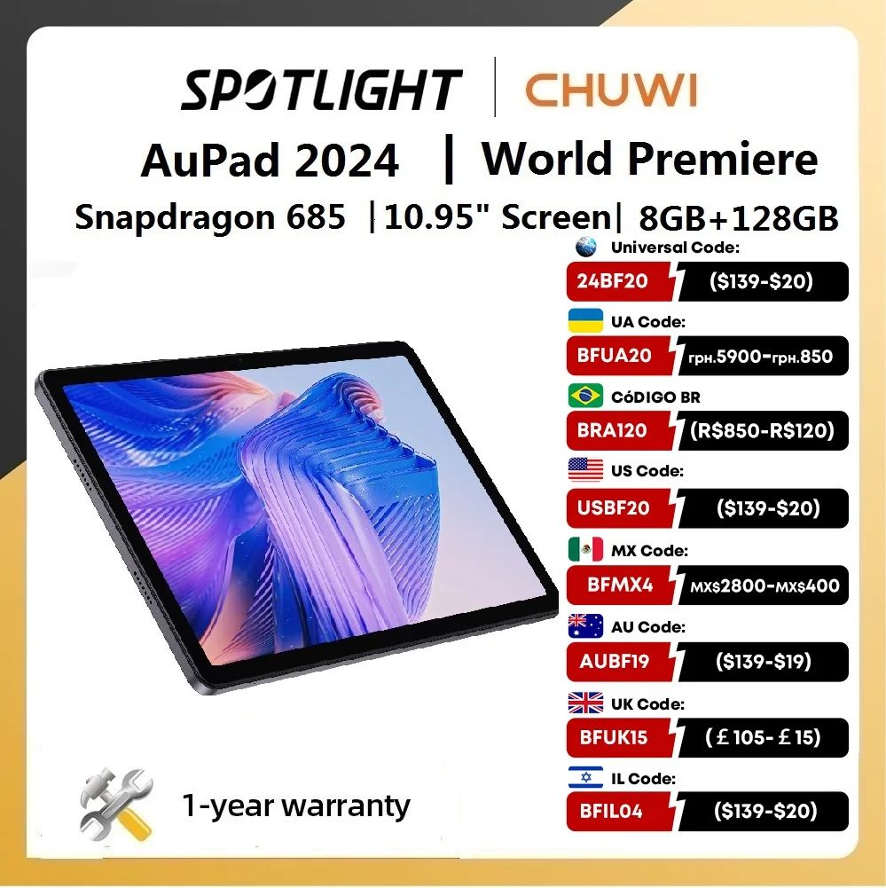 تابلت CHUWI AuPad مقاس 10.95 بوصة 1200*1920 FHD شاشة Snapdragon 685 ثماني النواة 8 جيجابايت DDR4 128 جيجابايت ROM 4G LTE نظام تحديد المواقع أندرويد 14 كمبيوتر لوحي