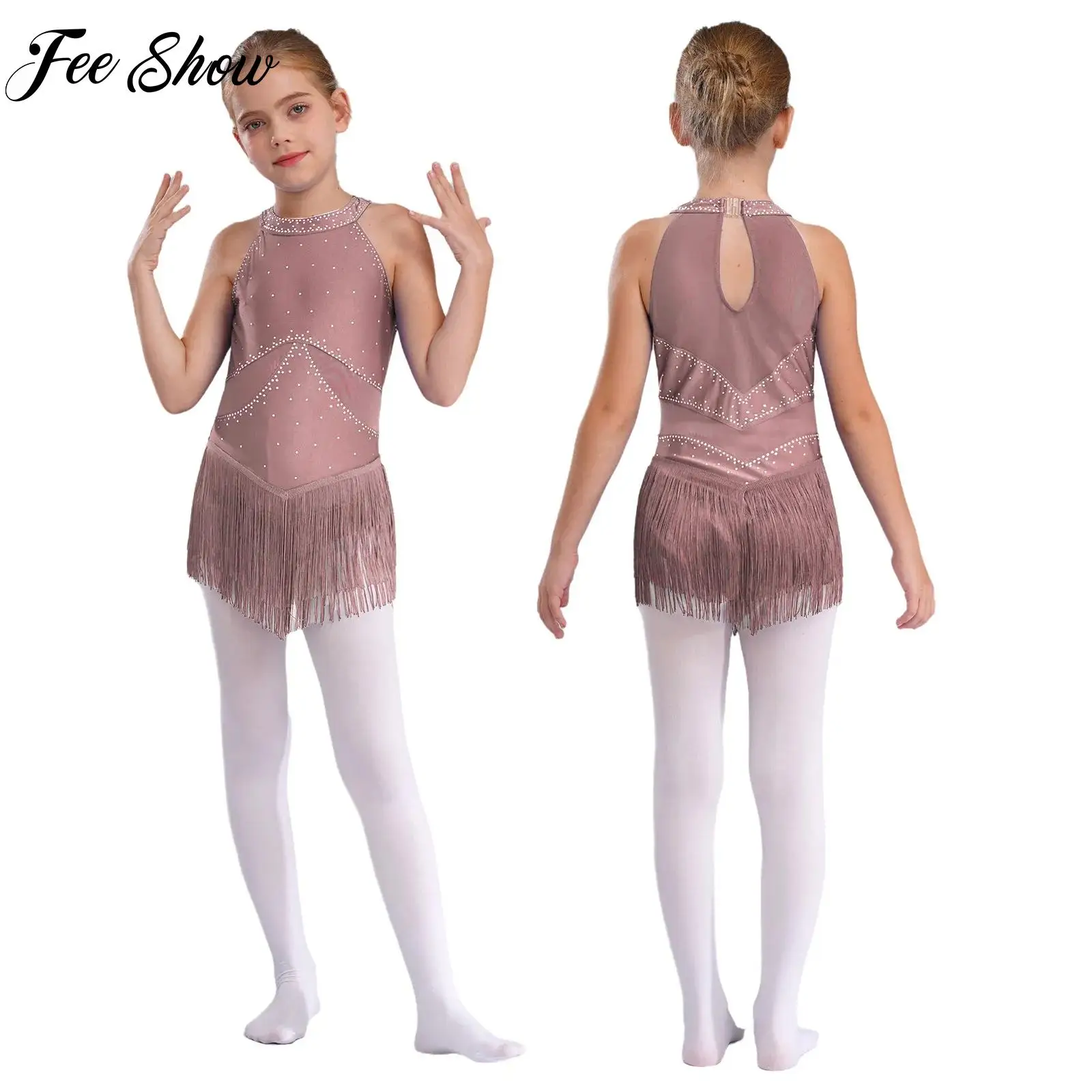 

Children Glittery Rhinestones Latin Dance Leotard Dress Sheer Mesh Tassel Bodysuit for Girl Figure Skating Performance Costumes