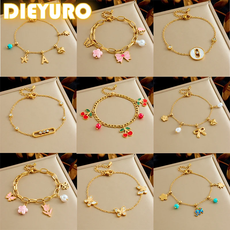 DIEYURO 316L Stainless Steel Cherry Butterfly Elephant Bracelet For Womens Fashion Waterproof Bowknow Hand Chain Jewelry Gift