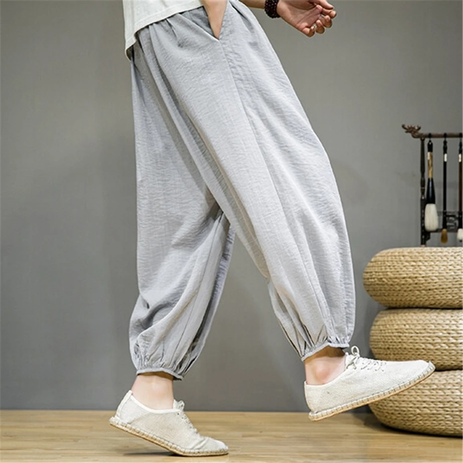 Large Size Harem Pants Mens Summer Ice Silk Casual Trousers Men Harajuku Vintage Baggy Elastic Waist Ankle Length Pants Male