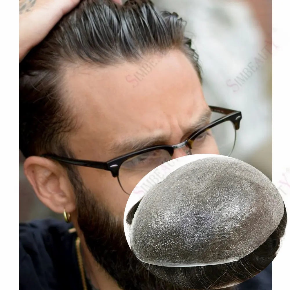 

Natural Black Undetectable Vloop Men Toupee Super Natural Hairline 0.02mm Ultra Thin Skin 1b20 Black Grey Human Hair Prosthesis